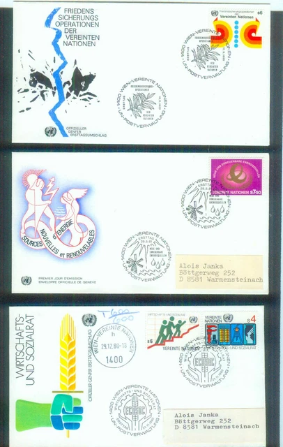 3 saubere Ersttagsbriefe der Vereinten Nationen - UNO, von 1980-1981, gestempelt