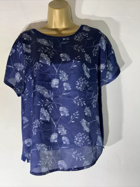 Camicia da donna blu Laura Ashley taglia UK 14 floreale raso anteriore manica corta