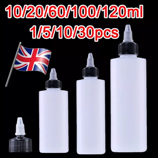 10-120ML Plastic Squeeze Bottle with Twist Top Cap Tip Applicator Empty PE UK