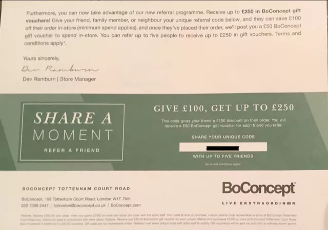 BoConcept discount code - refer a friend, you get £50 and they get £100