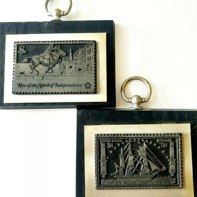 Stamp Collector Art Pair Vtg Metal Stamp Wall Art Hangings Spirit of Independenc