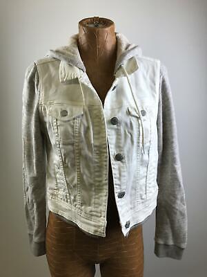 AMERICAN EAGLE Button Up Knitted Sleeves White Denim Jean Hooded Jacket Girl's M