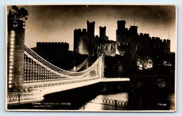 Postcard Conwy Castle Bridge - Night Lit - 1936