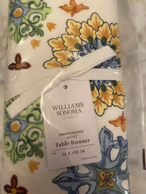 Williams Sonoma Embroidered Sicily Table Runner 16"  X 108" Blue New