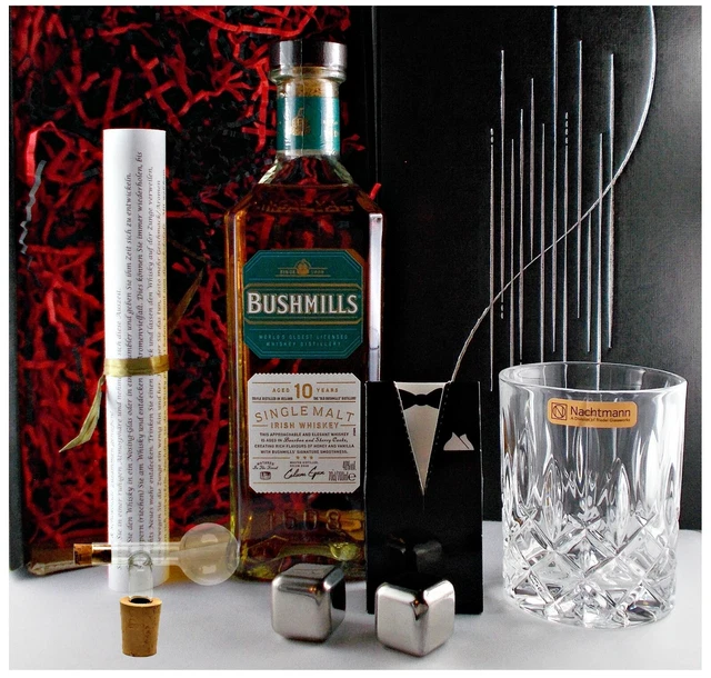BUSHMILLS 10 JAHRE irischer Whiskey +Portionierer + Glas +2 Kühlsteine ...