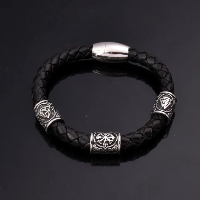 Men's Stainless Steel Viking Valknut/Vegvisir Beads Wristband Leather Bracelet