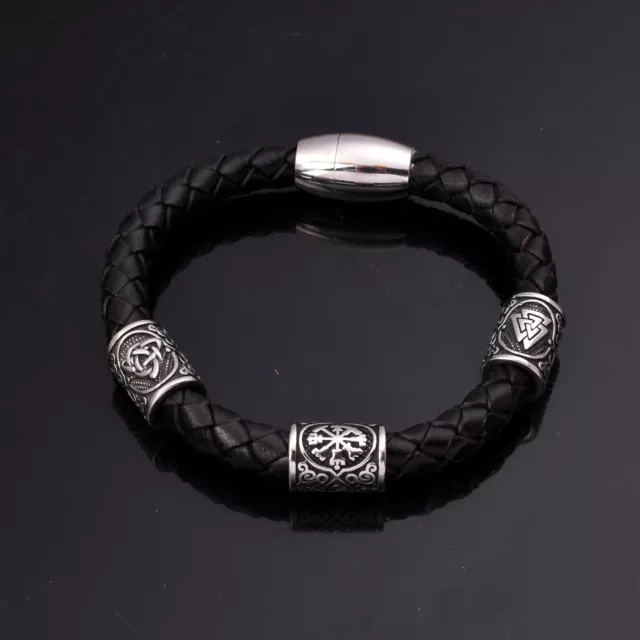 Men's Stainless Steel Viking Valknut/Vegvisir Beads Wristband Leather Bracelet