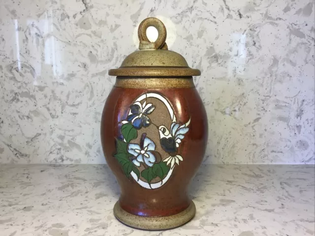 CLAYBELLY POTTERY 10.5" TALL Lidded Jar / Urn HUMMINGBIRD FLORAL DESIGN
