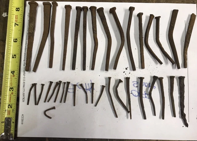 Lot of 36 Antique Steel Square Cut Head Nails Rusty Vintage Spikes 1 1/4”-4 3/8”