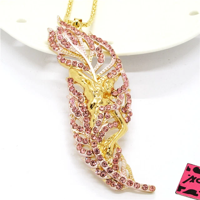 Fashion Women Pink Rhinestone Cute Feather Crystal Pendant Chain Necklace