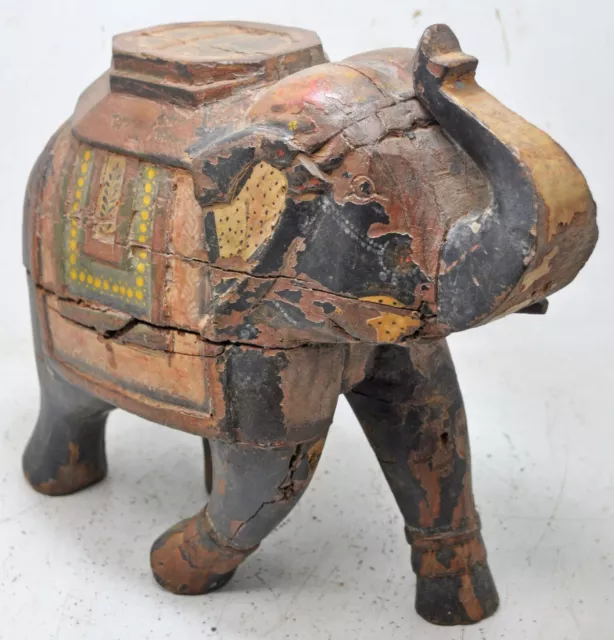 En Bois Vintage Grand Lourd Éléphant Figurine Original Vieux Main Sculpté Peint