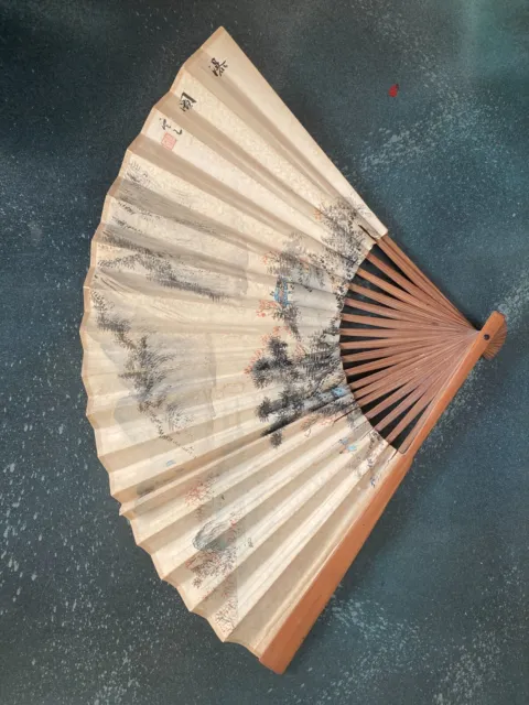 Chinese Folding Fan - Characters On One Side, Mountain And Forest On The Other