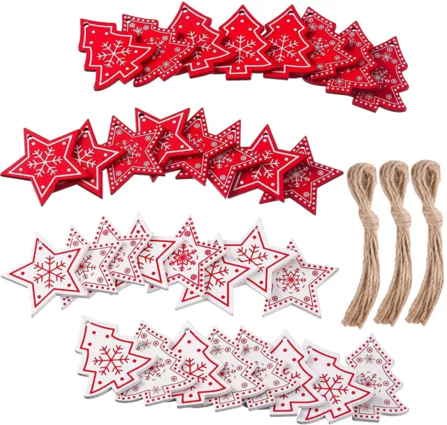 24PCS Wooden Christmas Tree Hanging Ornament Decoration Gift Red White & 6M Rope