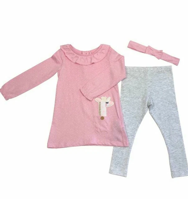 Ex Dunnes Baby Mädchen rosa grau Giraffe Top Leggings Haarband Set 3 6 9 12 18 24
