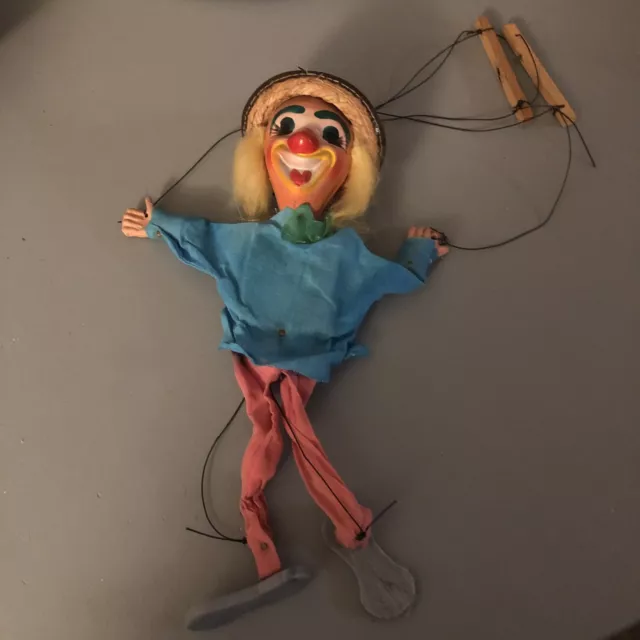 CREEPY Vintage Hand Crafted Clown Wooden String Puppet Marionette Toy 13"