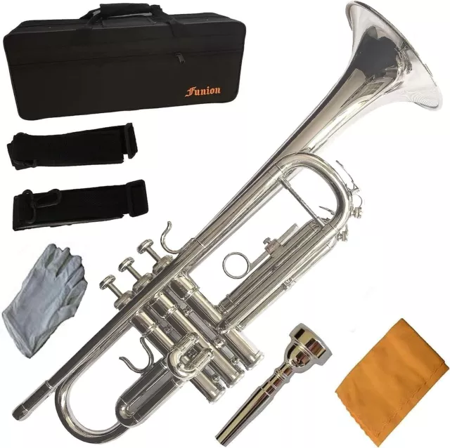 Funion Bb Pocket Trumpet Set B Flat Nickel Plated Case 7C Mouthpiece Water  Key