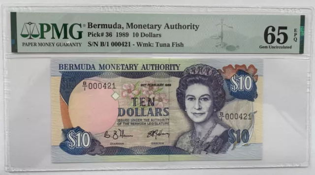 Bermuda - P 36 - 10 Dollars - 1989 - Pmg Gem Unc 66 Epq - Queen Eii - Low Serial