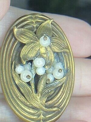 VTG Art Nouveau Brass  Rhinestone Glass Bead Flower Pin Brooch  Jewelry