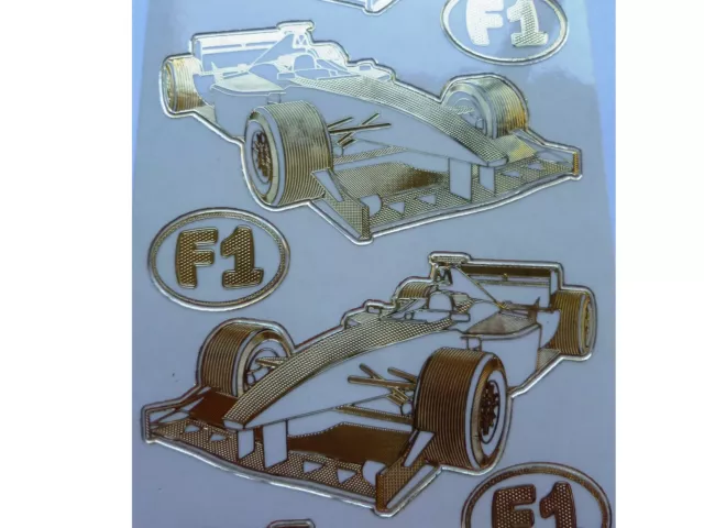 EMBOSSED FORMULA 1 CARS Peel Off Stickers Gold or Silver Clear Sticker Racing 2