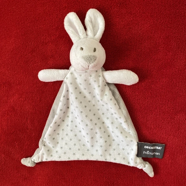 🇫🇷 Doudou Lapin Plat Blanc Triangle Gris Etoiles ORCHESTRA PREMAMAN NEUF