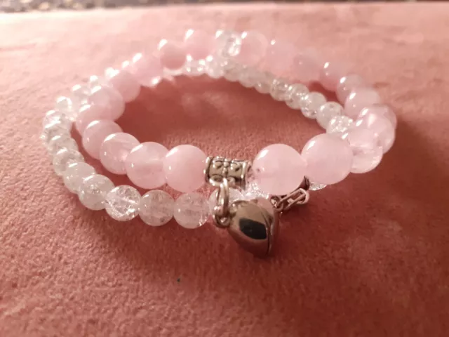 Bracelets Duo Avec Demi Coeur Aimenté- Quartz Rose Et Cristal De Roche #amour