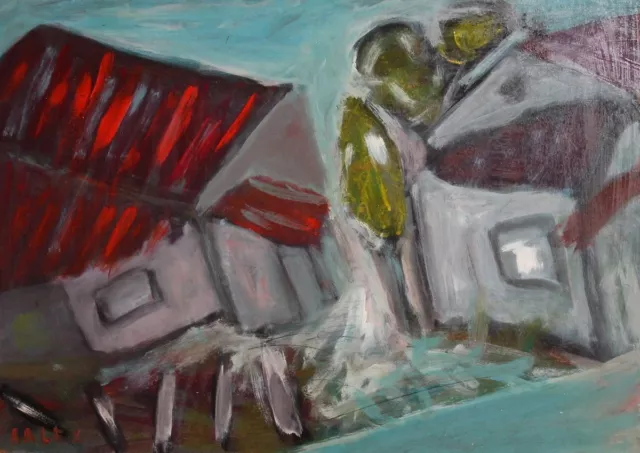 Abstract oil painting landscape houses signed