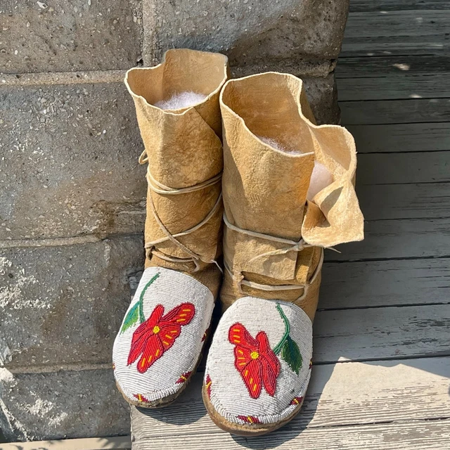 Blackfoot Native American Beaded Moccasins - Brain Tanned Leather - mid 1900s.