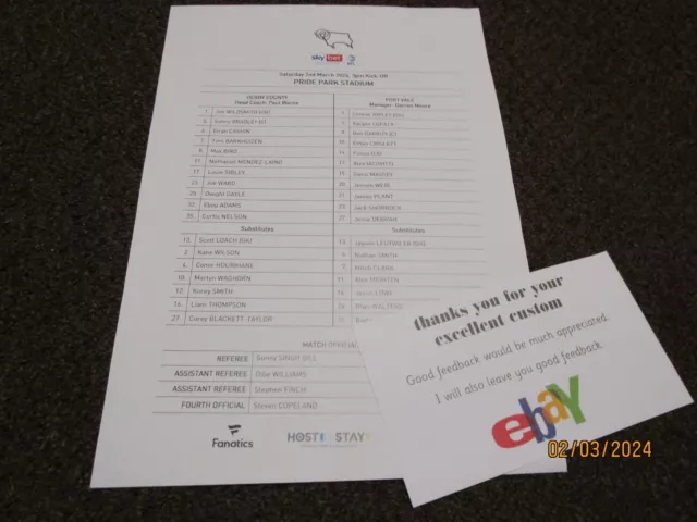 DERBY COUNTY  v  PORT VALE     2023/24  MARCH 2nd   VERY RARE COLOUR TEAM SHEET