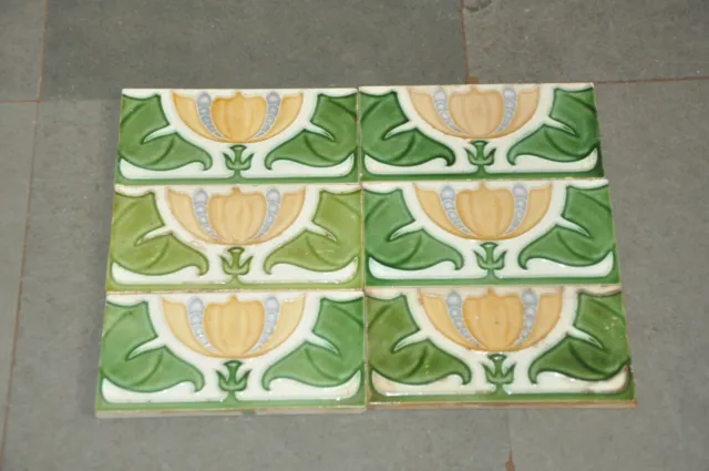 6 Pc Vintage NTK Butterfly Mark Flower Embossed Ceramic Tiles,Japan