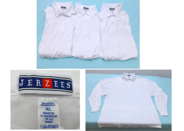 3 NICE VINTAGE Jerzees XL white long sleeve button up shirts polo lot ...