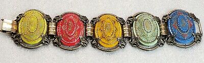 Vintage Art Deco style  Colorful Molded Glass Cabochons Panel Link  Bracelet