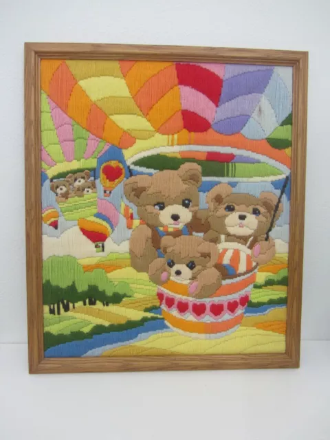 Vintage Framed Bear Large Handmade Crewel Picture Nursery Art Hot Air Balloons