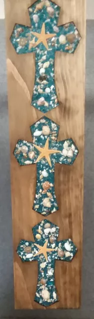 sea shell panel, decorative wall crosses, stain wooden cross, one of a kind