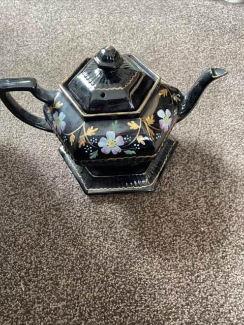 Antique Jackfield 1800,s Victorian black and gilt hexagonal teapot and stand