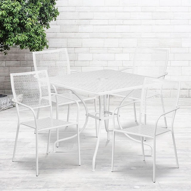 Commercial Grade 35.5" Square White Indoor/Outdoor Steel Patio Table Set w/4 Squ