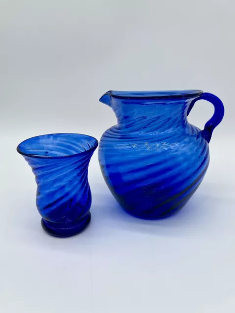 Vintage Hand Blown Cobalt Blue Swirl Art Glass Water Drink Pitcher Cup Set Mcm