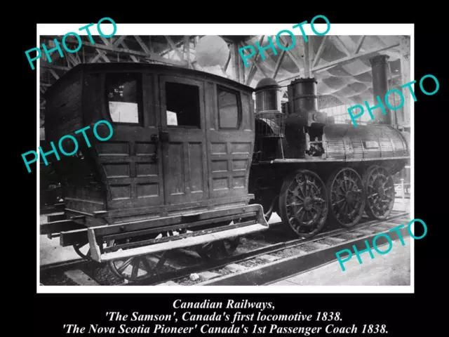 OLD LARGE HISTORIC PHOTO OF THE CANADIAN RAILWAYS 1st LOCOMOTIVE & COACH c1900