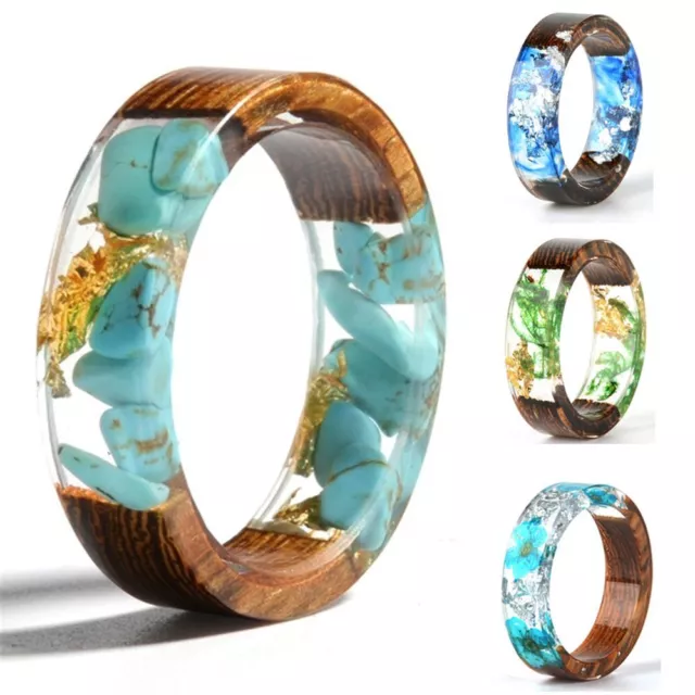 Gift Handmade Jewelry Novelty Resin Ring Wooden Band Ring Plants Inside Flower
