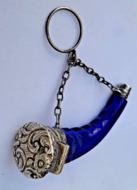 Antique Victorian Bristol Blue Glass & Silver Scent Perfume Horn c1870