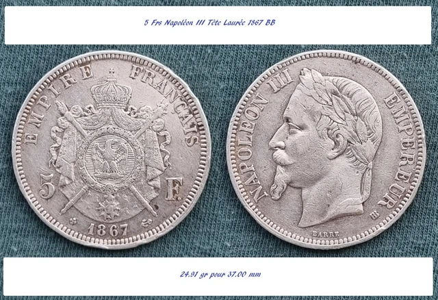 MONNAIE - COLLECTION - ARGENT - 5 francs Napoléon III tête laurée - 1867 BB