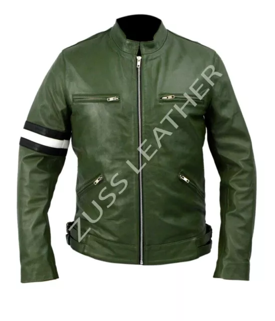 Men's Cafe Racer GREEN Leather Jacket Vintage DISTRESSED Retro Biker Motorcycle