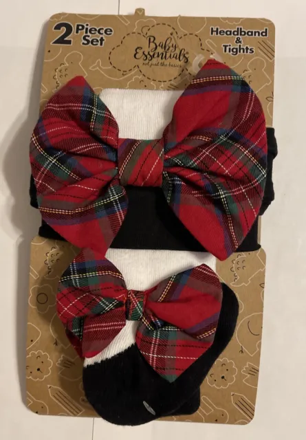 Baby essentials Plaid Bow  Headband and Tights Set  0-9 Months