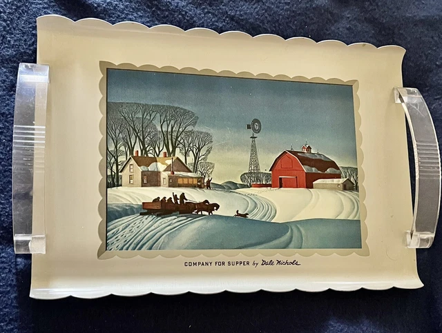 Vtg Serving Tray Mid Century by Dale Nichols "Company for Supper" Winter Scene Vtg Serving Tray Mid Century by Dale Nichols "Company for Supper" Winter Scene