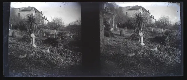 Enfant dans un jardin c1930 Photo NEGATIVE Plaque de verre Stereo V36L2n 
