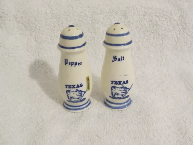 Vintage Salt & Pepper Shakers Ceramic Blue & White Texas & Longhorn Design