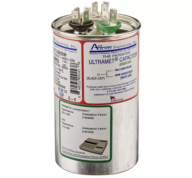 AmRad USA2235 Round Run Capacitor 40+5 uF MFD 370 - 440 Volt Made in USA