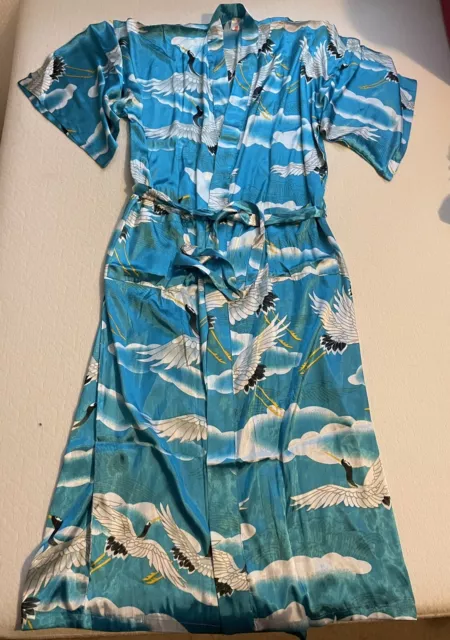 Zhi Cheng Kimono Style Satin Robe Patio Dress - Teal Blue Clouds Chinese Crane