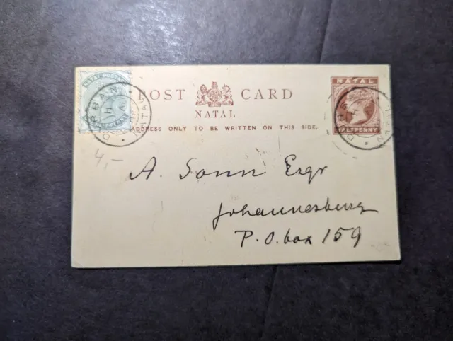 1896 British Natal South Africa Postcard Cover Durban to Johannesburg