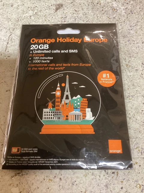 Orange Holiday Europe 20gb - Unlimited Calls and SMS - 120 Mins - 1000 Texts