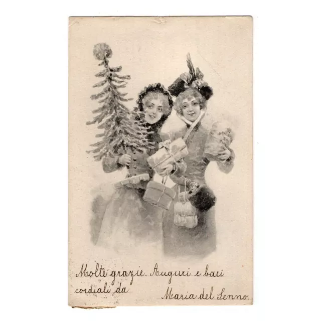 Künstler-AK Weihnachten / Junge Frauen mit Geschenken und Weihnachtsbaum, 1901